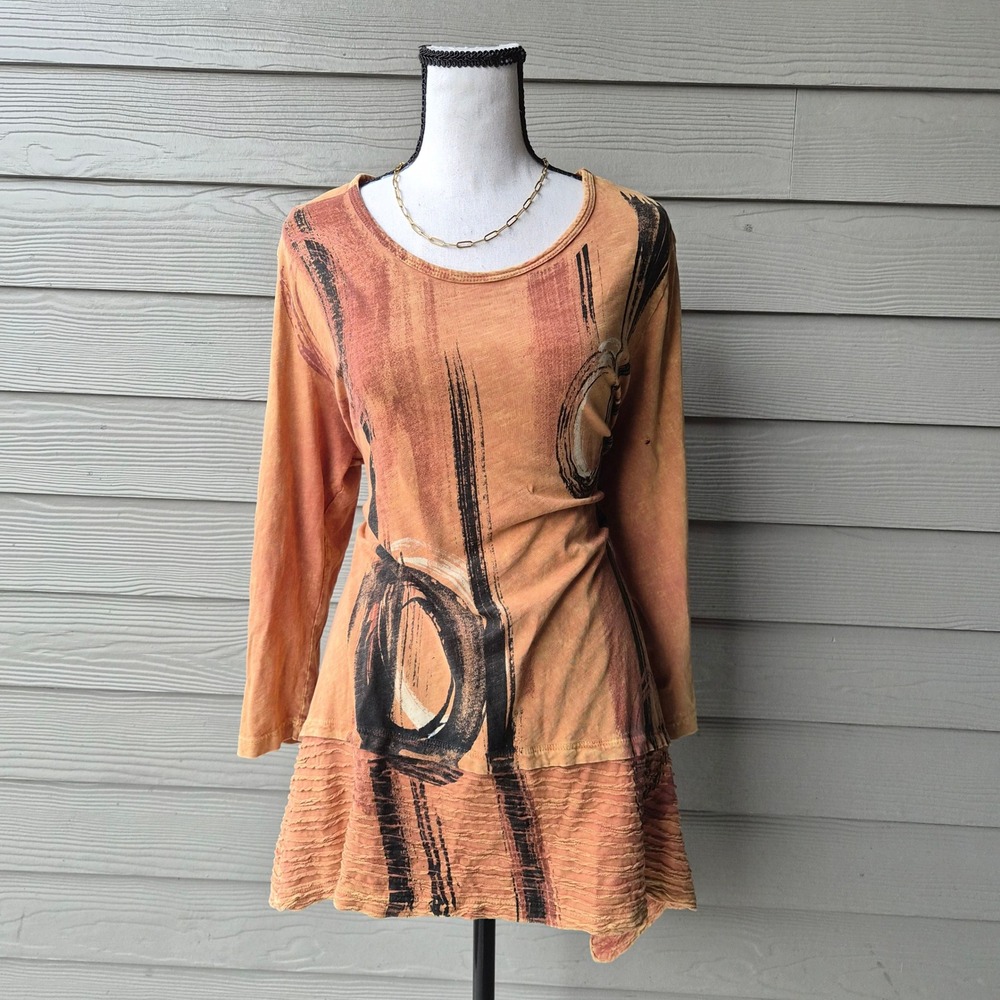 Jess & Jane Abstract Tunic Top Womens Medium Boho Lagenlook Art To Wear Earthy